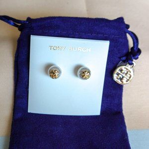 Tory Burch Crystal-Pearl Stud Earrings in Ivory with Dust Bag